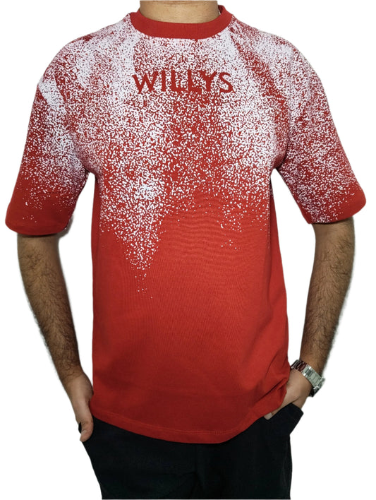 HARK WILLYS UNISEX SPRAY PRINT DROP SHOULDER T-SHIRT RED